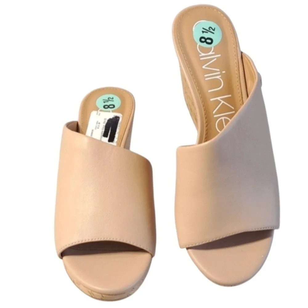 Calvin Klein Women's Size 8.5 Nude Wedge Slide Sandals Cork‎ Heel open Toe New